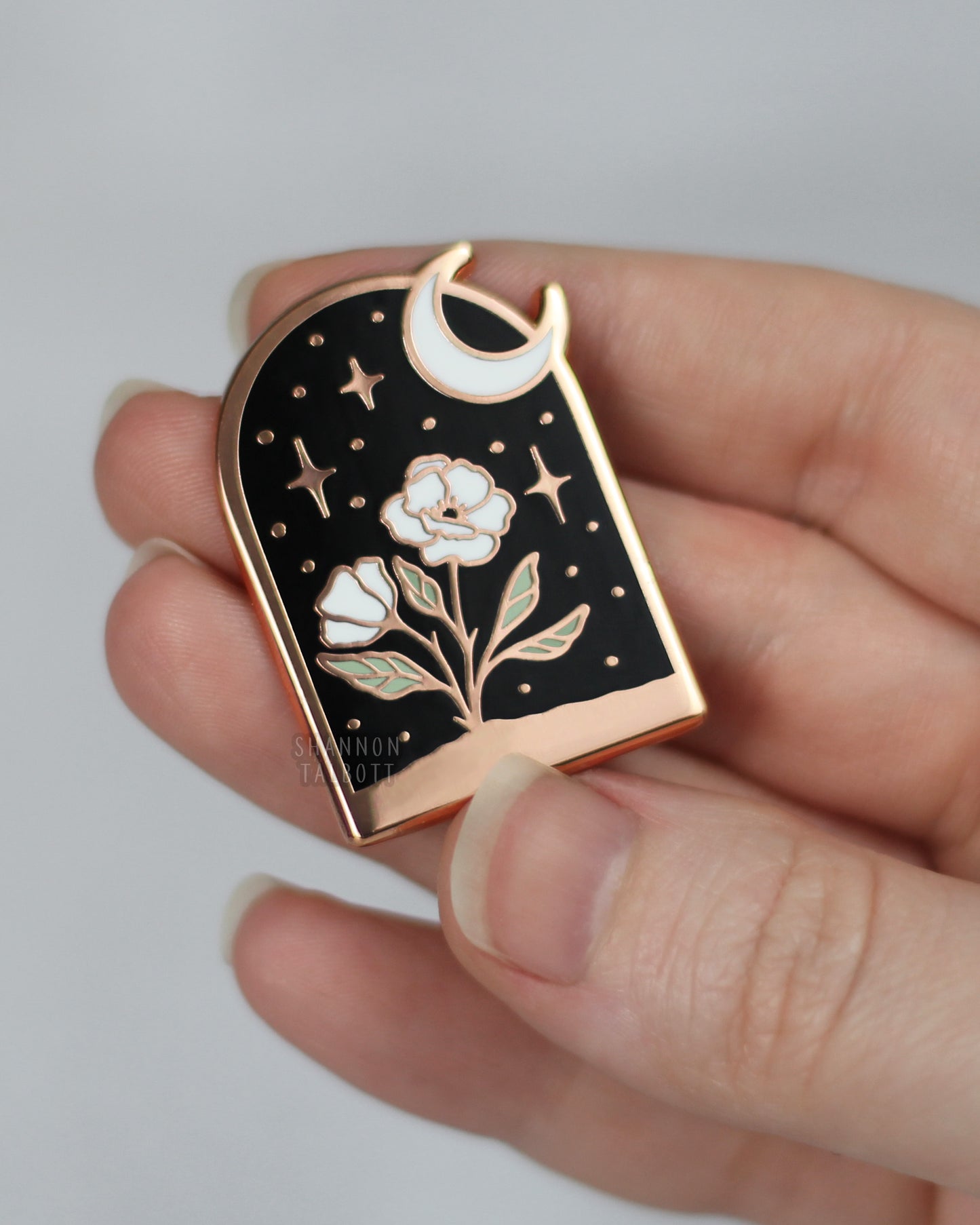 Arched Flower Enamel Pin with Moon and Stars in Rose Gold