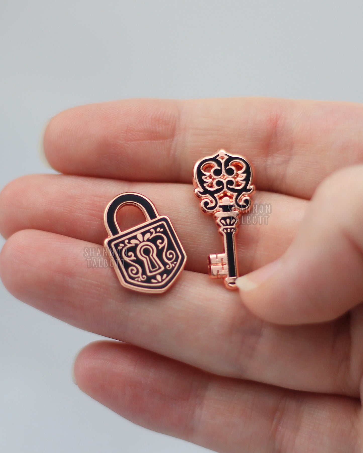 Lock and Key Mini Enamel Pin Set in Rose Gold