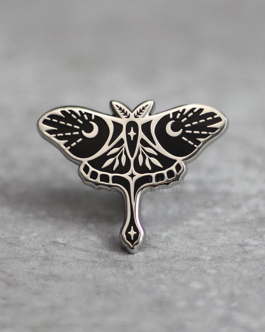 Midnight Luna Moth Enamel Pin - Silver