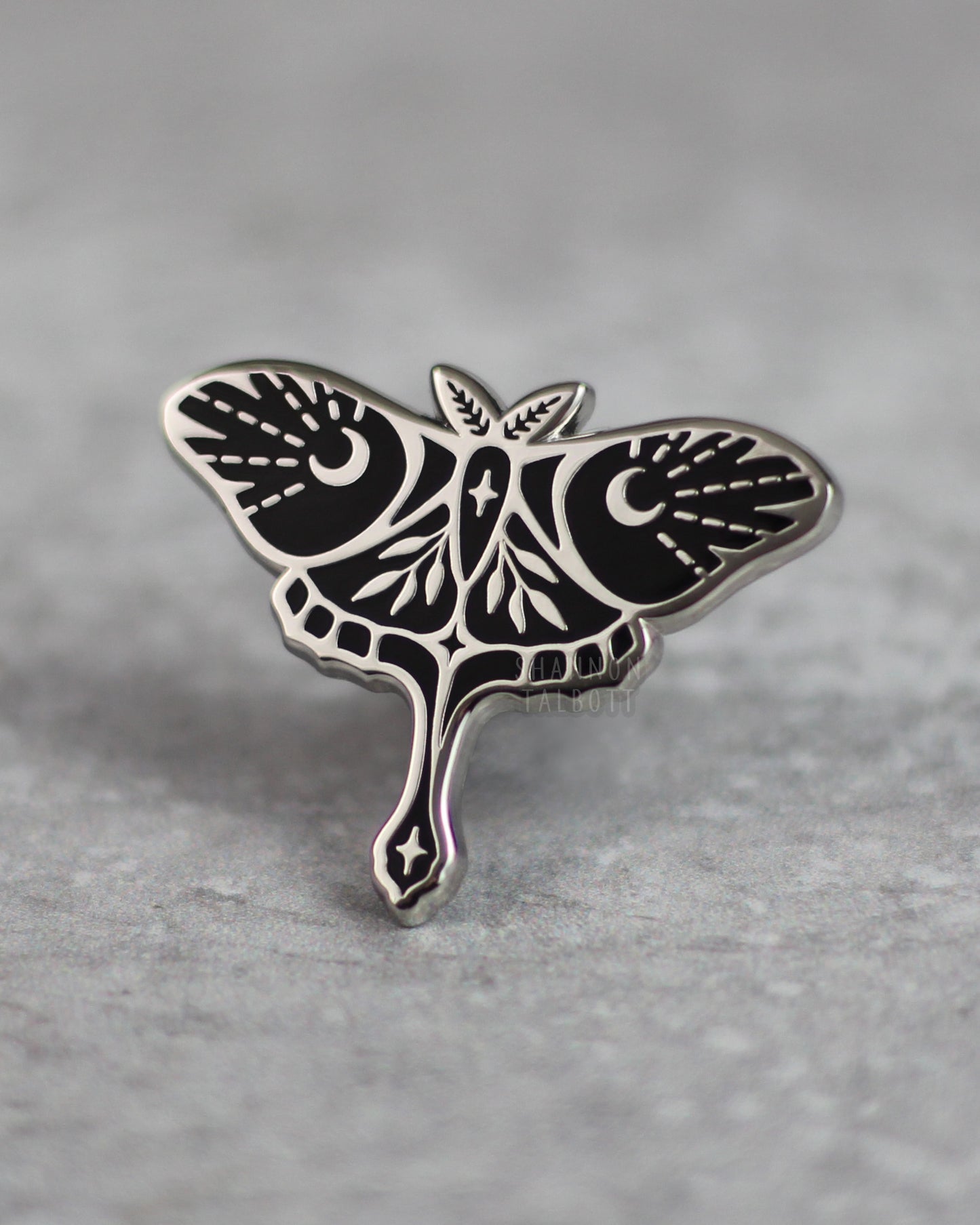 Midnight Luna Moth Enamel Pin - Silver
