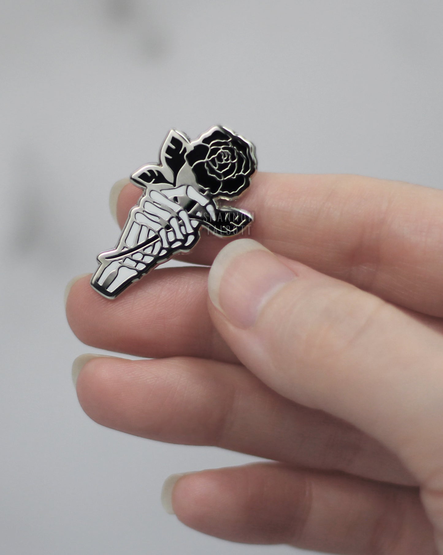 Skeleton Rose Enamel Pin - Silver