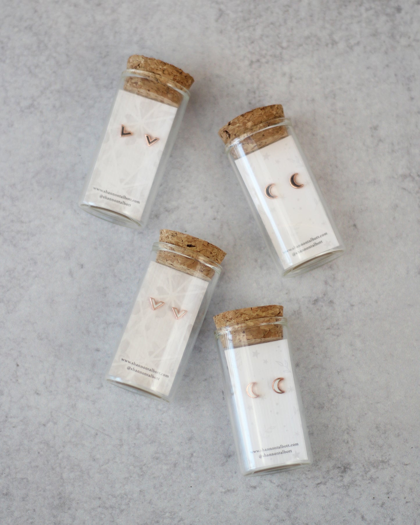 Cork Bottle Tiny Modern V Chevron and Crescent Moon Enamel Earrings