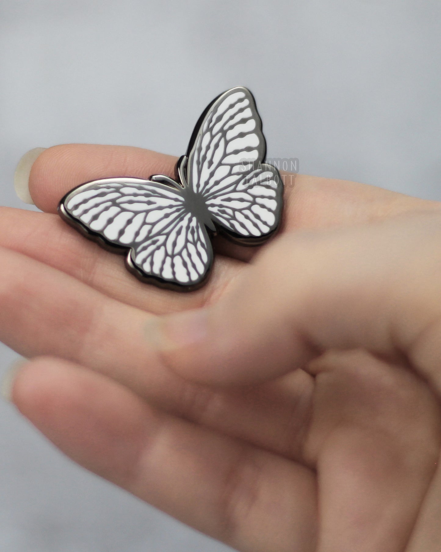 White Tree Nymph Butterfly Enamel Pin in Black Nickel