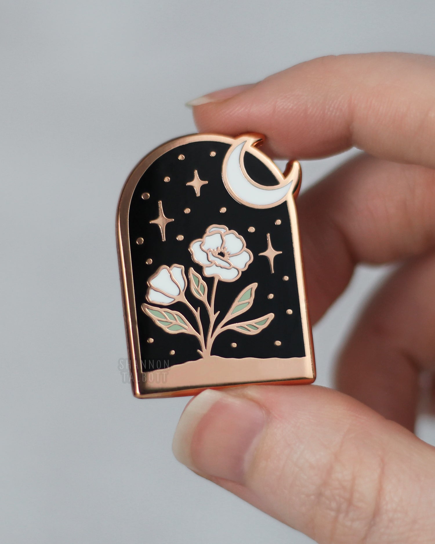 flower enamel pin with moon and stars with rose gold plating