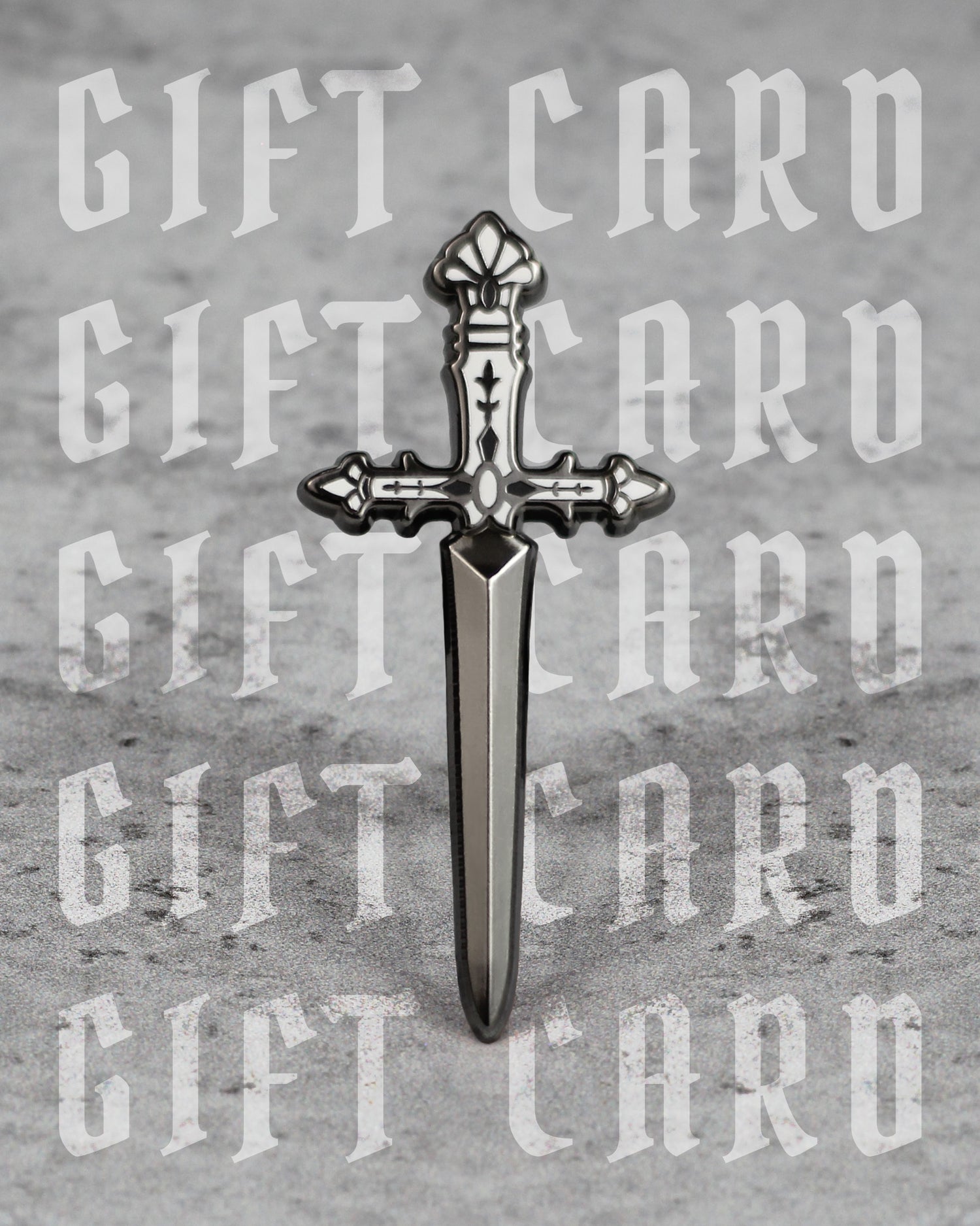 black nickel plated sword enamel pin with gift card text