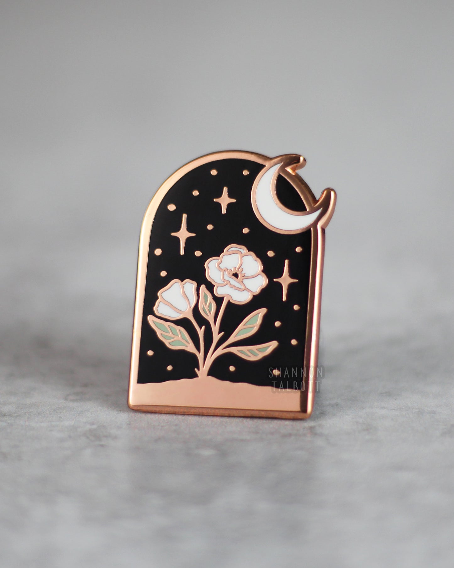 Arched Flower Enamel Pin with Moon and Stars in Rose Gold