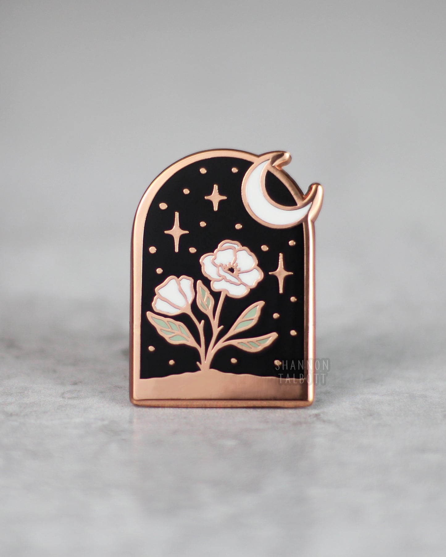 Arched Flower Enamel Pin with Moon and Stars in Rose Gold