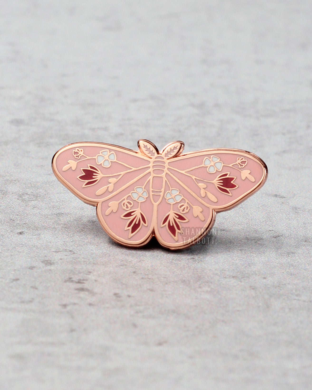 new beginnings moth butterfly enamel pin in pink and rose gold