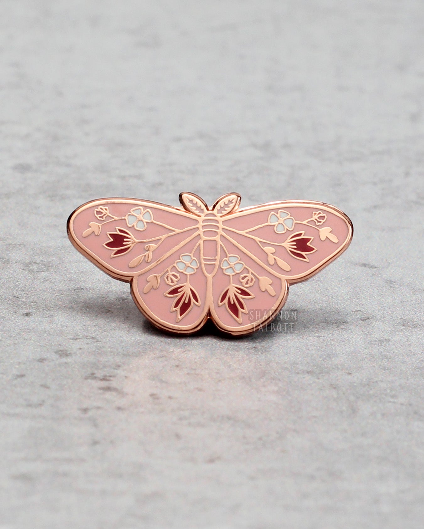 new beginnings moth butterfly enamel pin in pink and rose gold