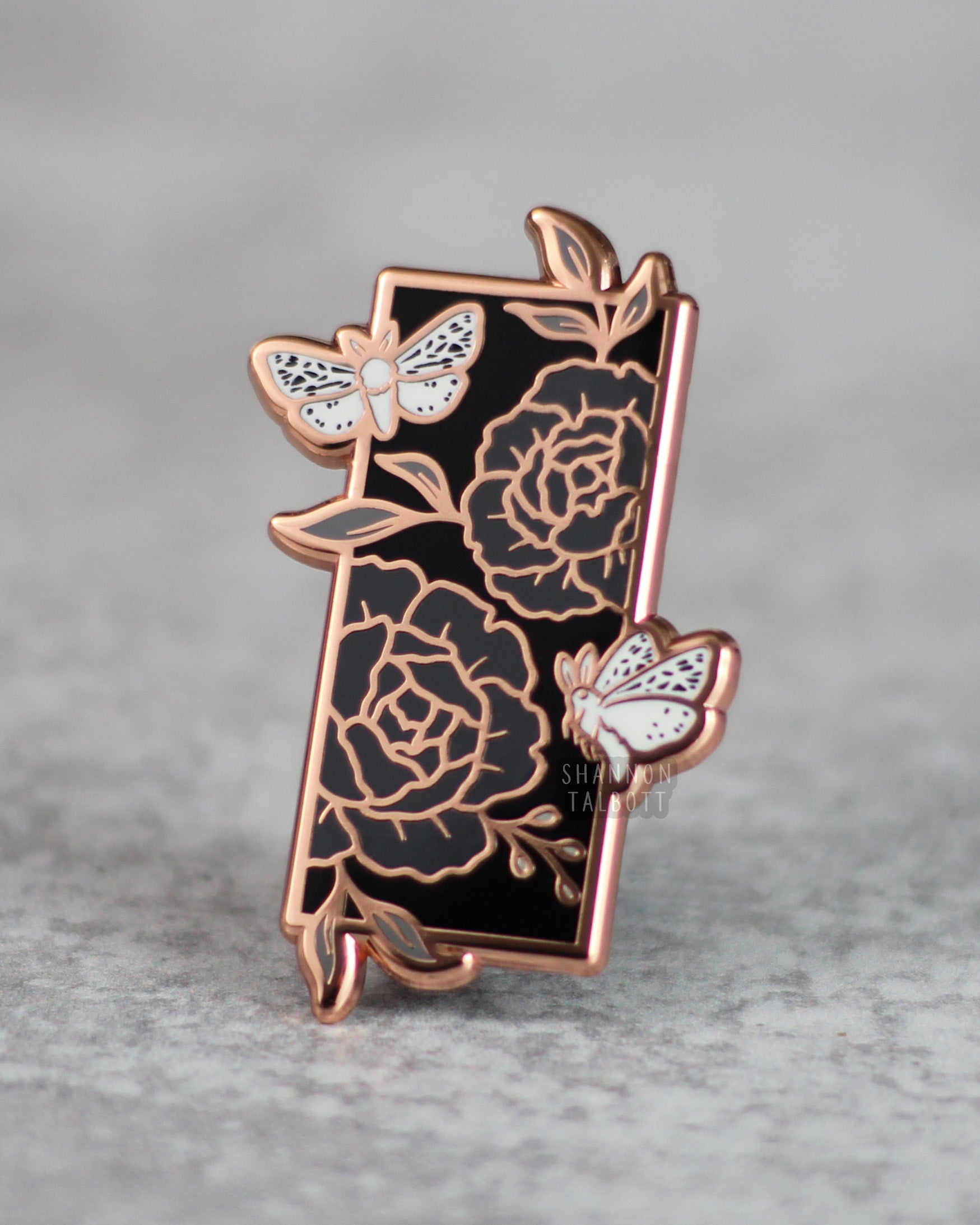 Moth Floral Flower Enamel Pin in Rose Gold