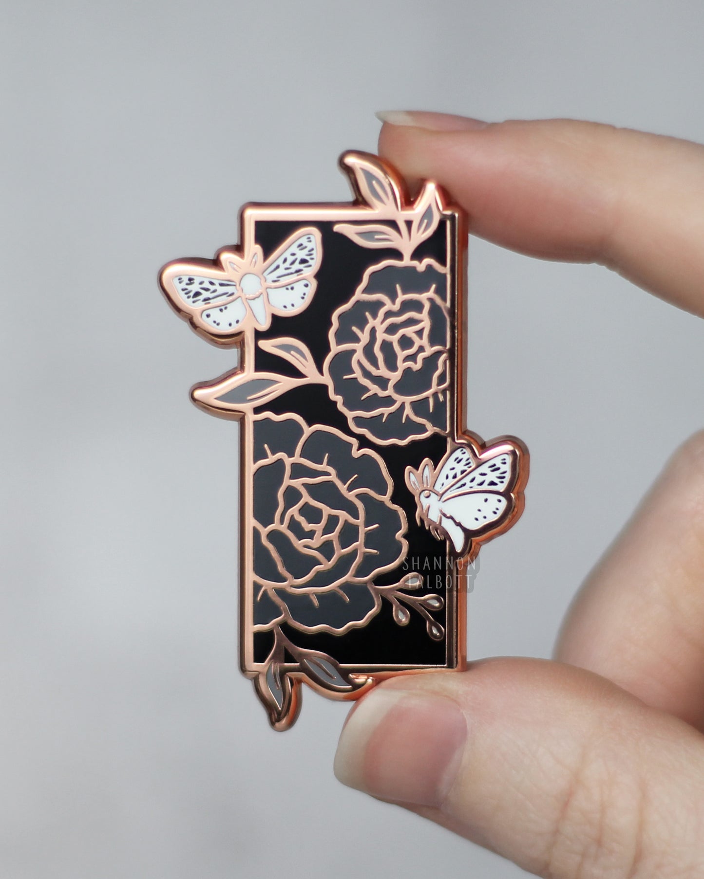 Moth Floral Flower Enamel Pin in Rose Gold