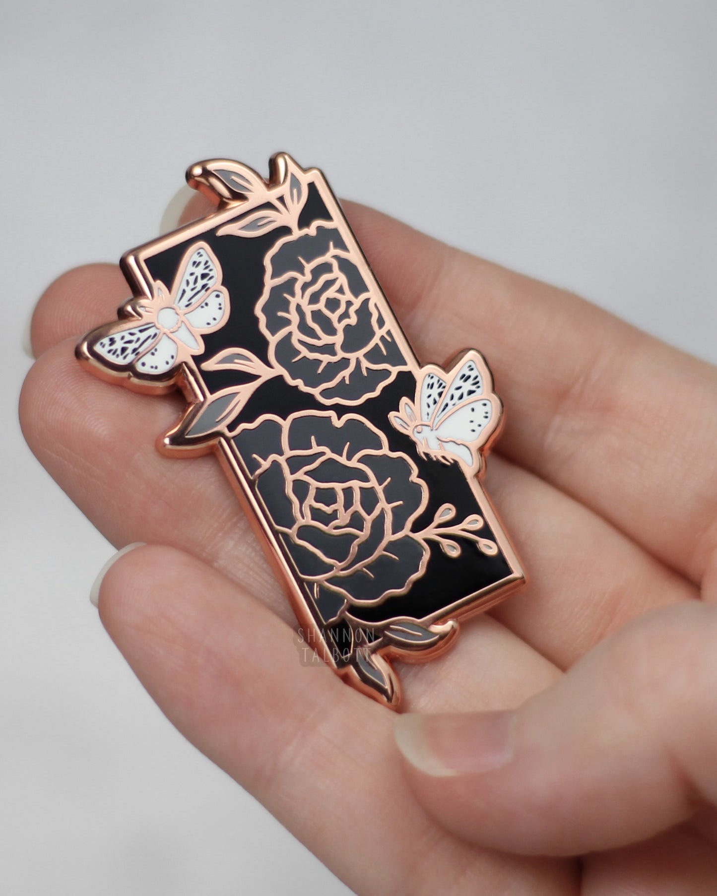 Moth Floral Flower Enamel Pin in Rose Gold