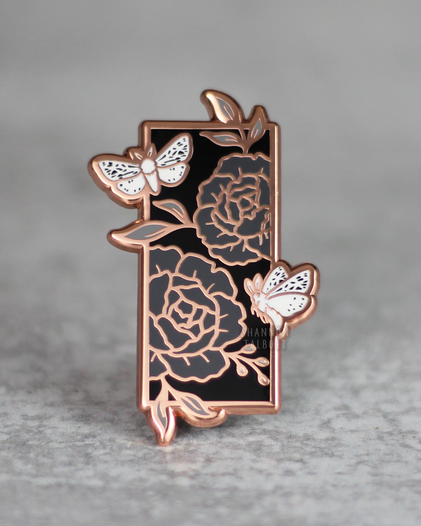 Moth Floral Flower Enamel Pin in Rose Gold