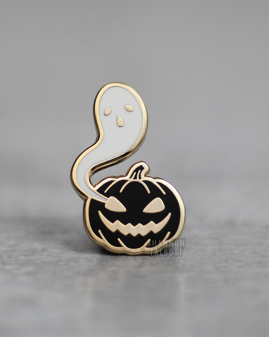 Ghost and Pumpkin Enamel Pin - Gold