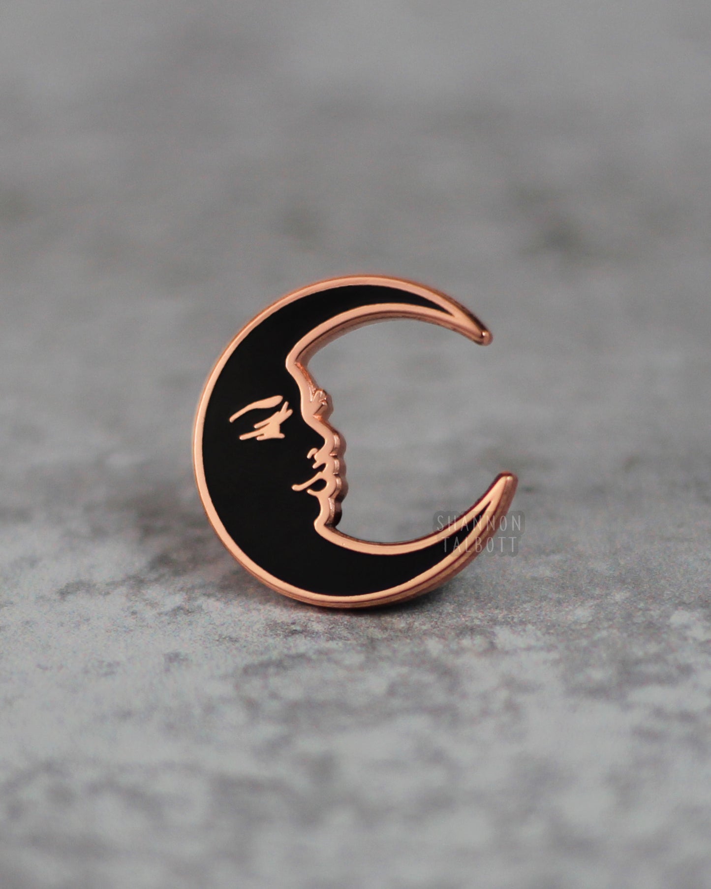 La Luna Crescent Moon Enamel Pin in Black with Rose Gold Plating