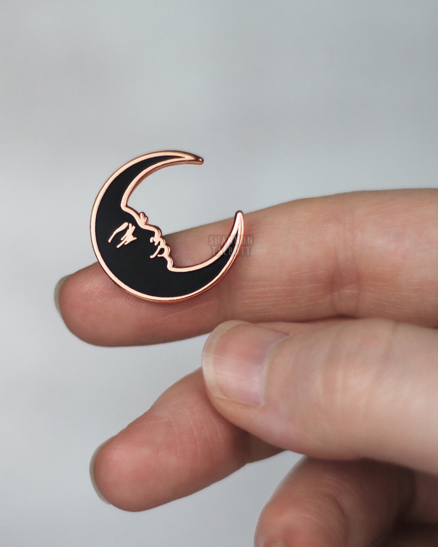 La Luna Crescent Moon Enamel Pin in Black with Rose Gold Plating