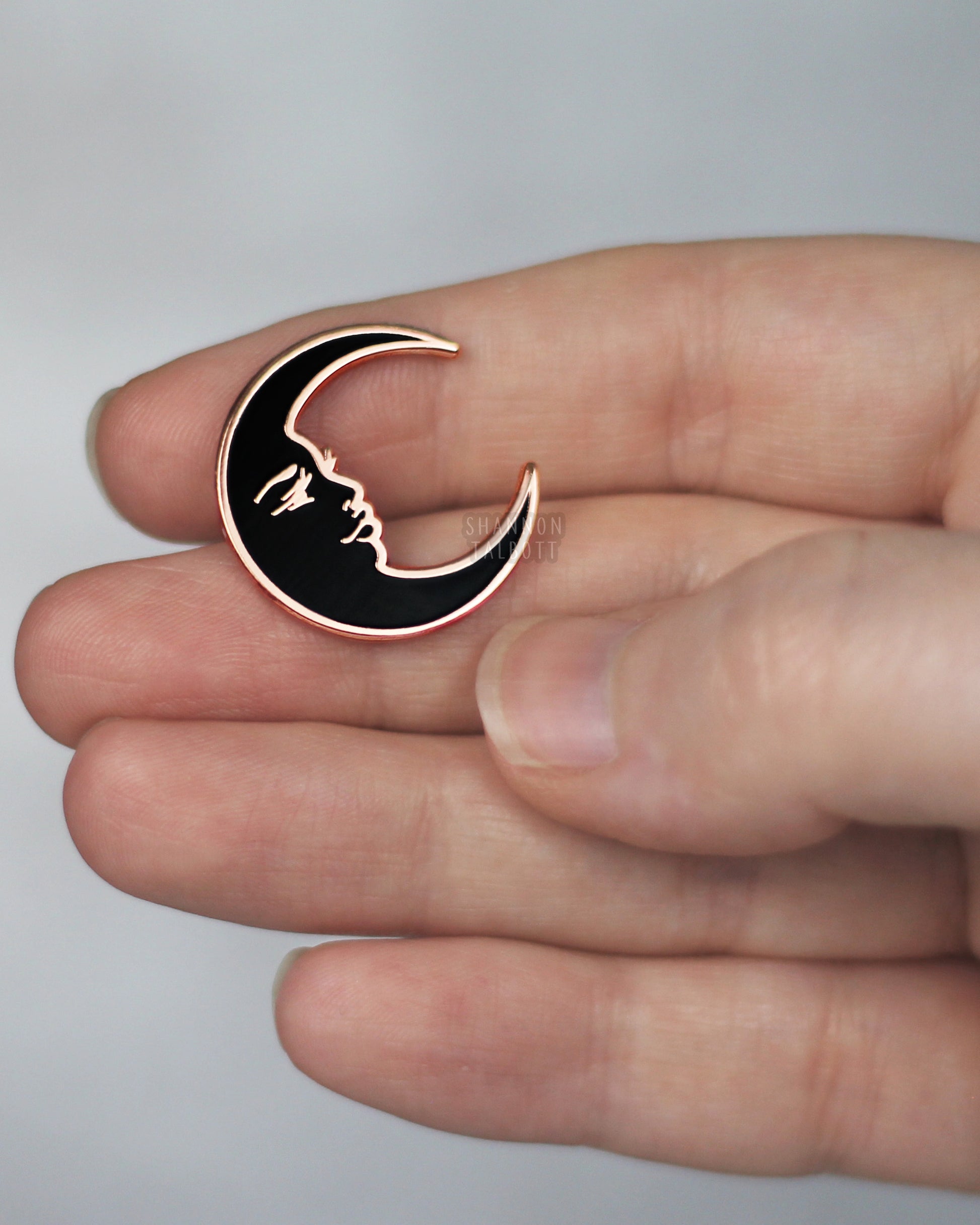 La Luna Crescent Moon Enamel Pin in Black with Rose Gold Plating