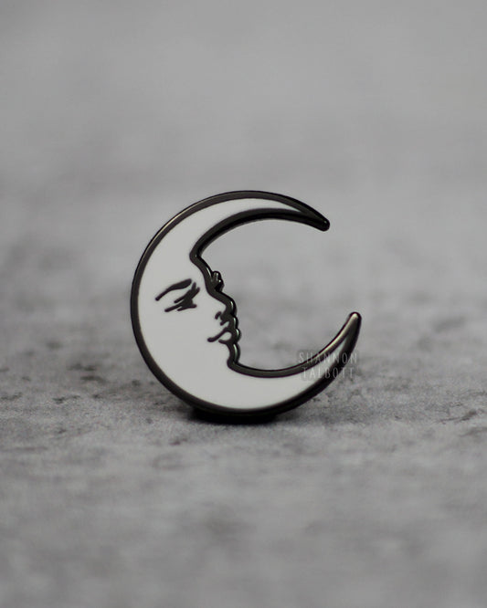 La Luna Crescent Moon Enamel Pin in White with Black Nickel Plating