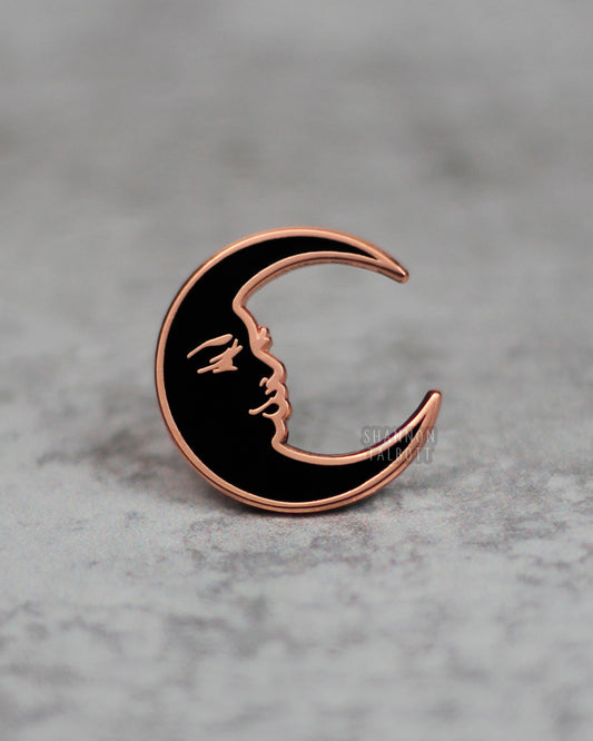 La Luna Crescent Moon Enamel Pin in Black with Rose Gold Plating