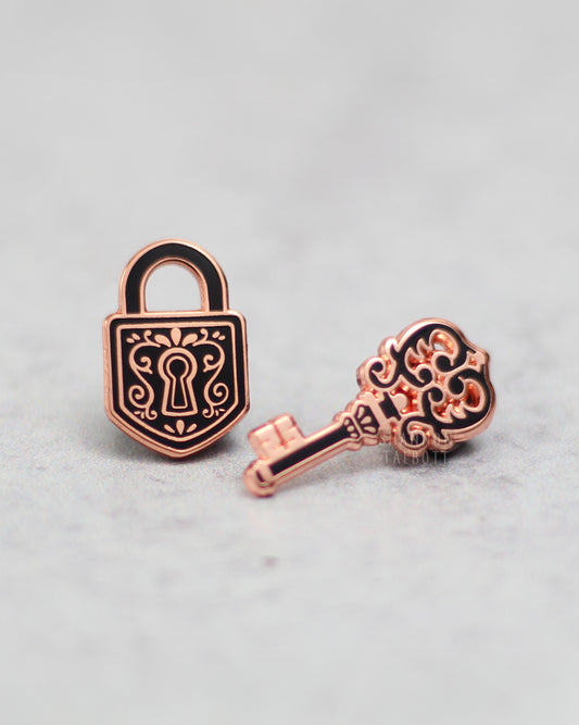 Lock and Key Mini Enamel Pin Set in Rose Gold