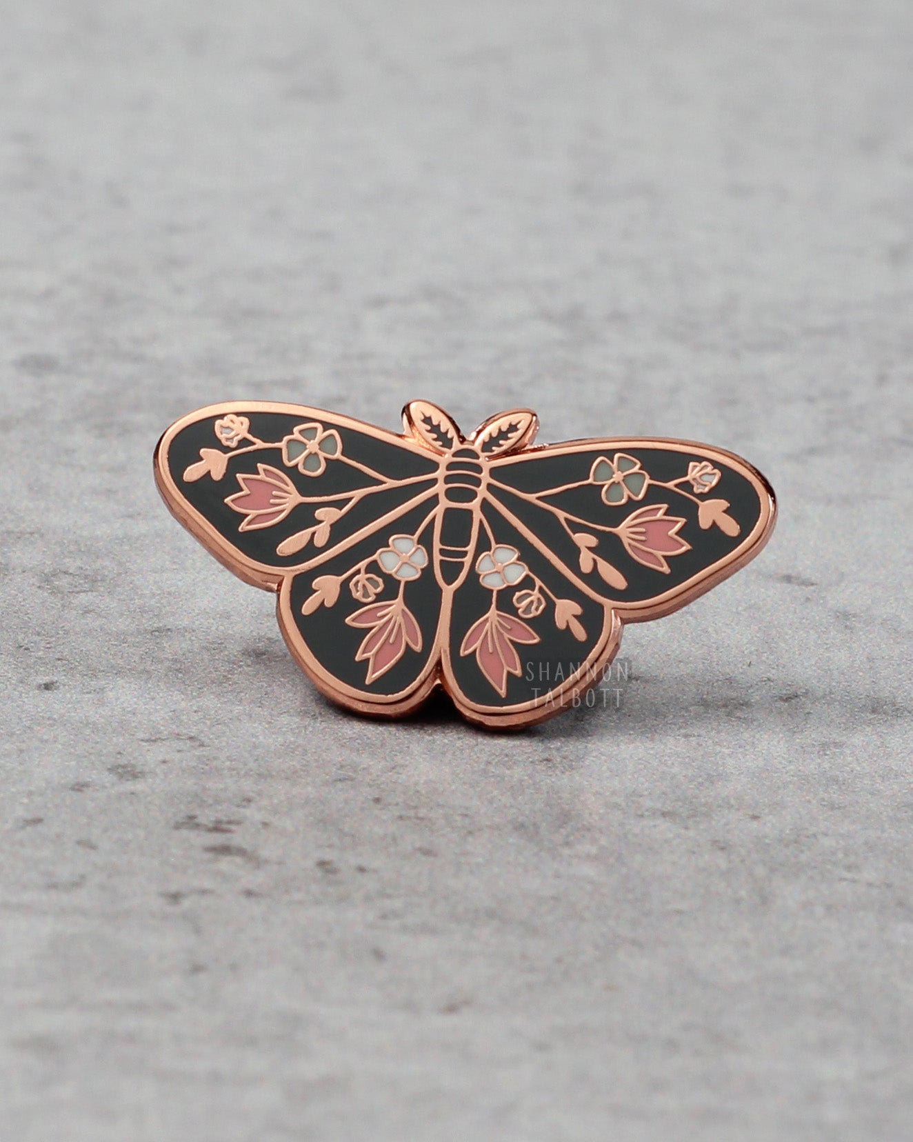 new beginnings moth butterfly enamel pin in blue and rose gold