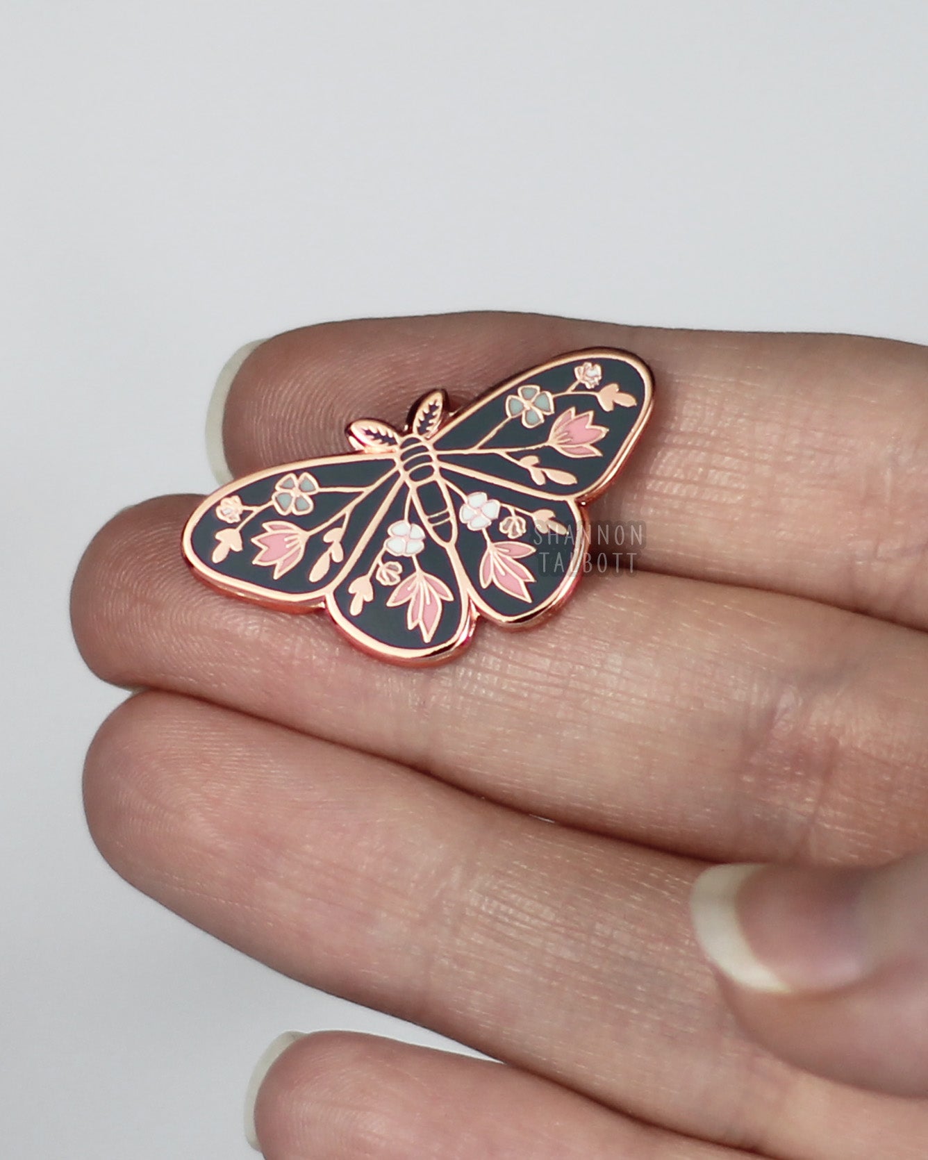 new beginnings moth butterfly enamel pin in blue and rose gold