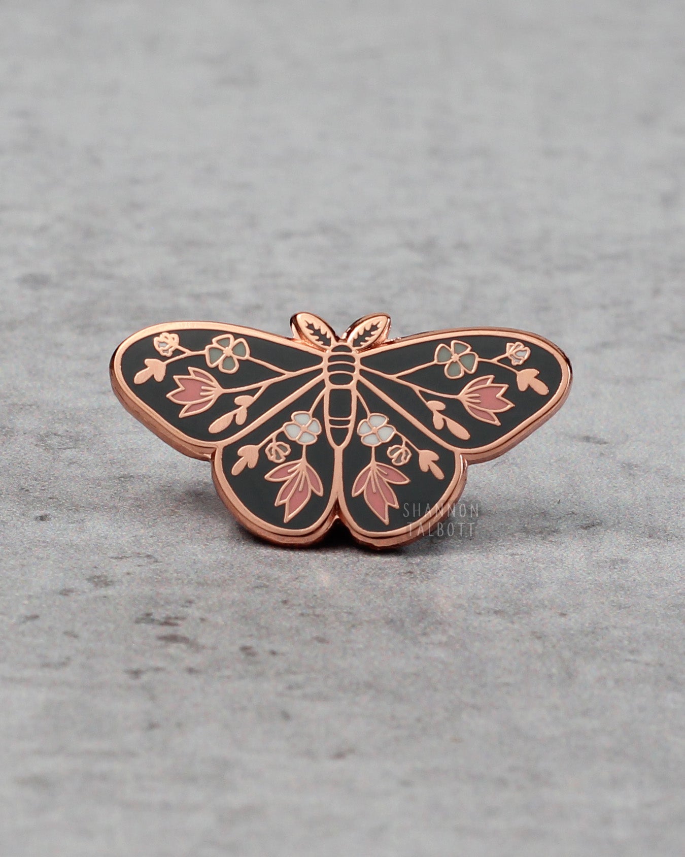 new beginnings moth butterfly enamel pin in blue and rose gold