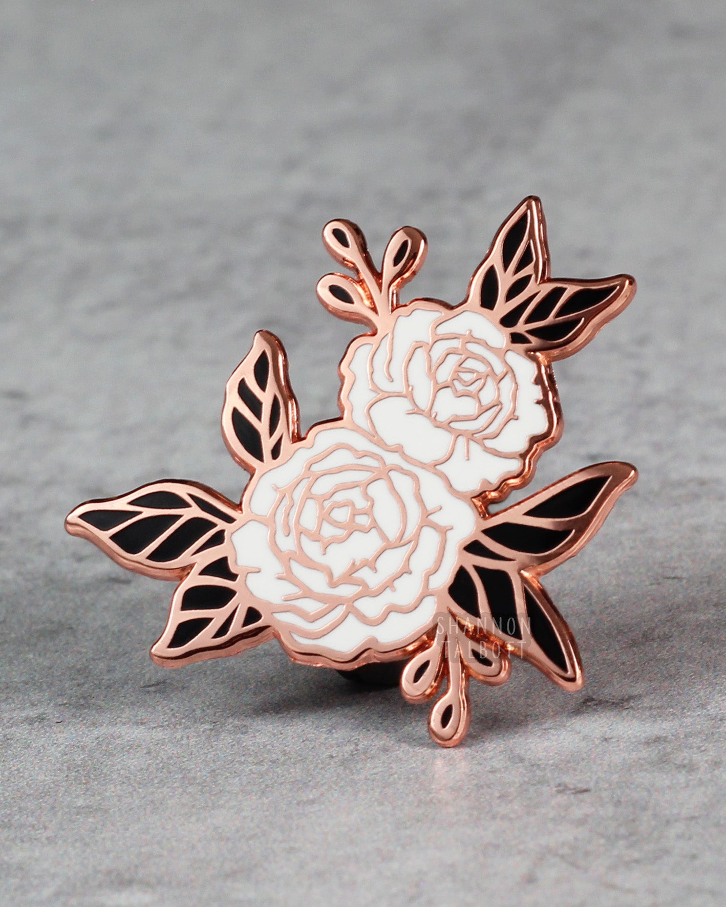 Peony Flower Enamel Pin in Black and White with Rose Gold Plating