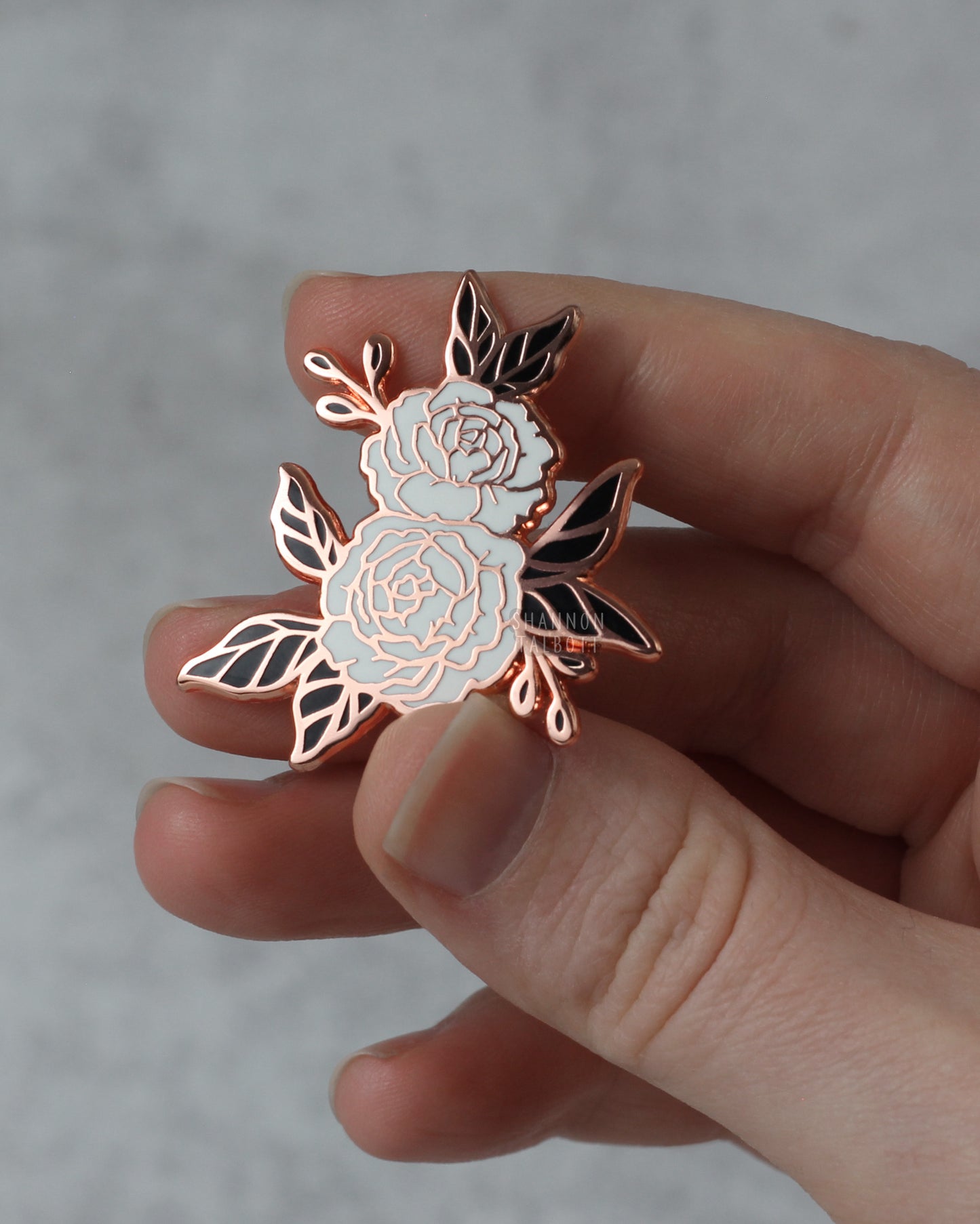 Peony Flower Enamel Pin in Black and White with Rose Gold Plating