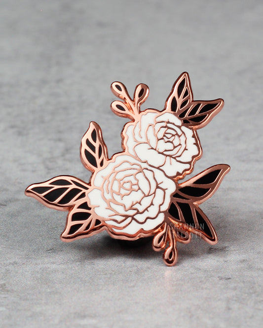 Peony Flower Enamel Pin in Black and White with Rose Gold Plating