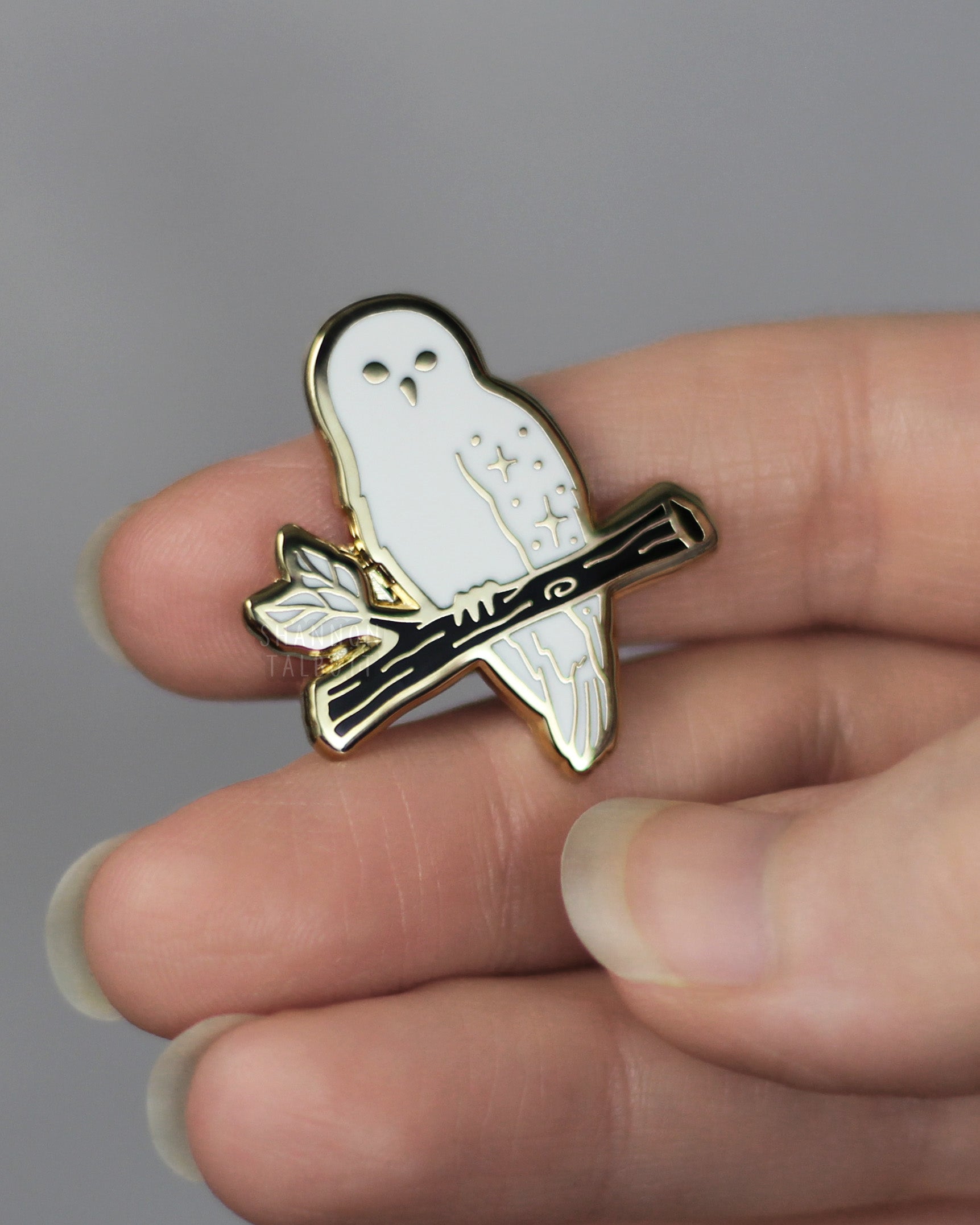 Perched Snowy Owl on Tree Branch Enamel Pin