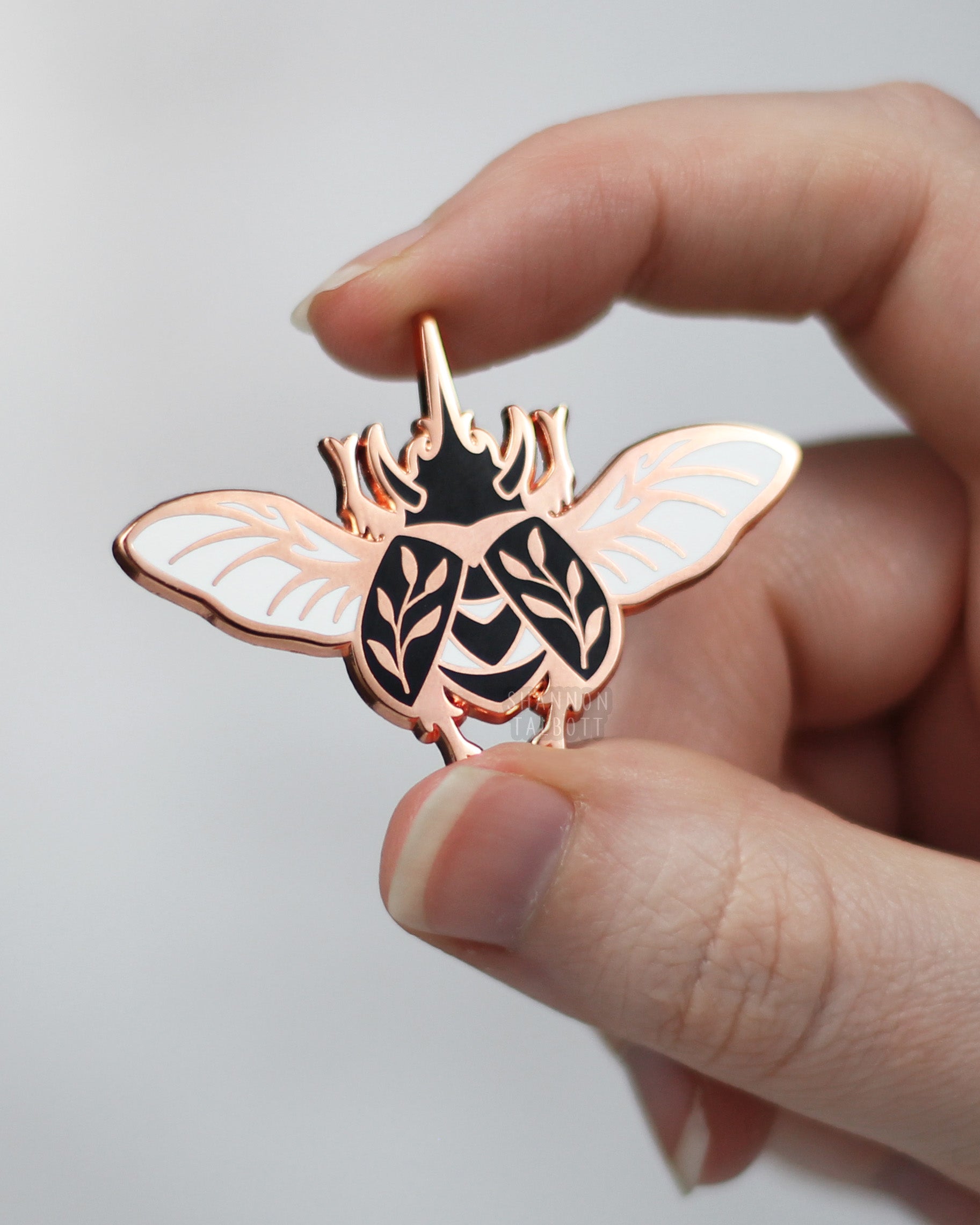 Rhinoceros Rhino Beetle Enamel Pin in Rose Gold