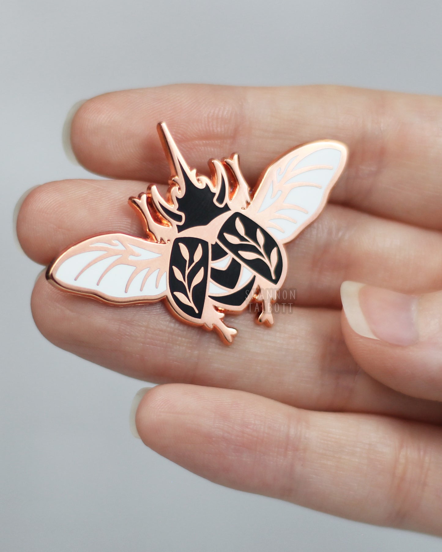 Rhinoceros Rhino Beetle Enamel Pin in Rose Gold