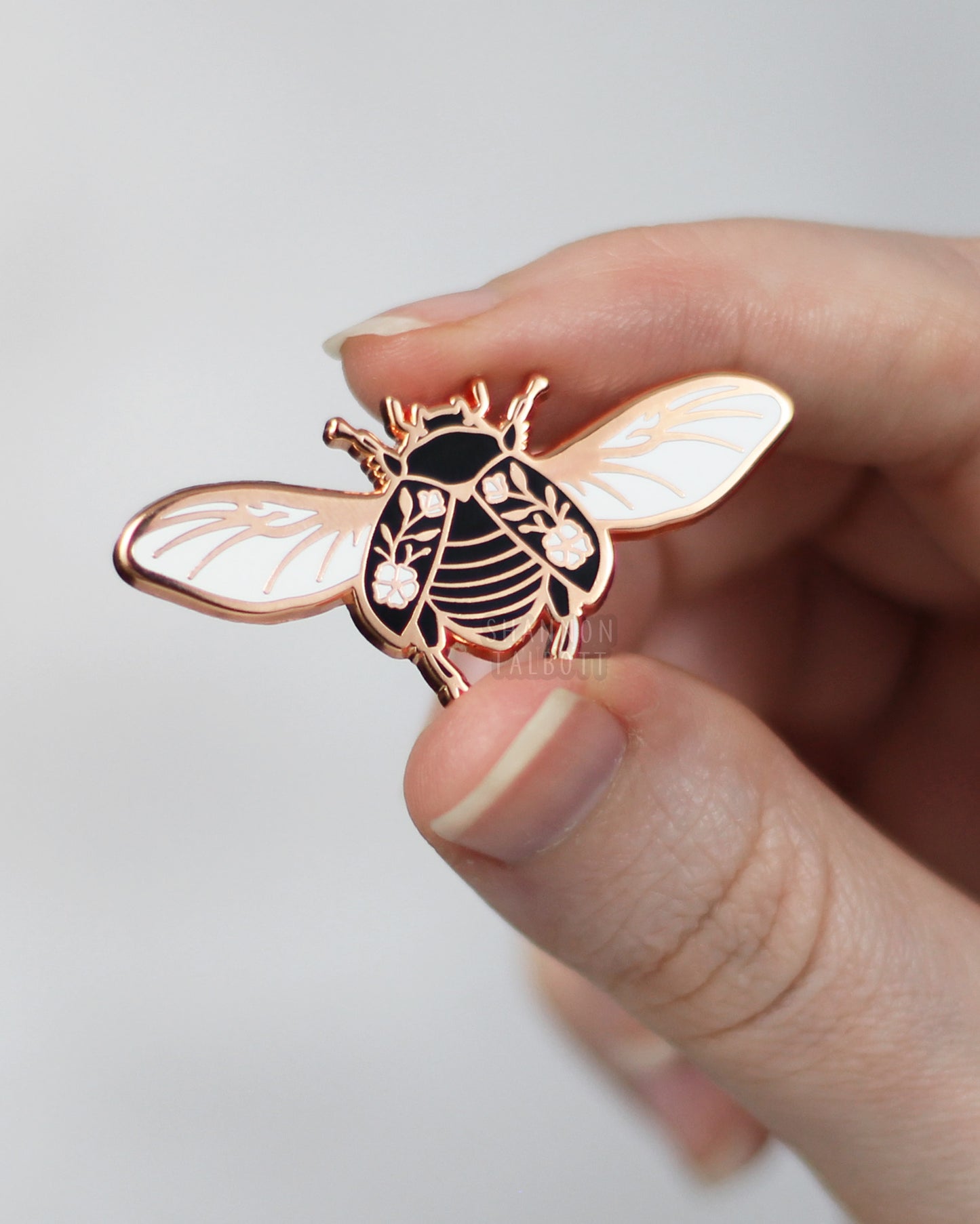 Floral Scarab Beetle Bug Enamel Pin in Rose Gold