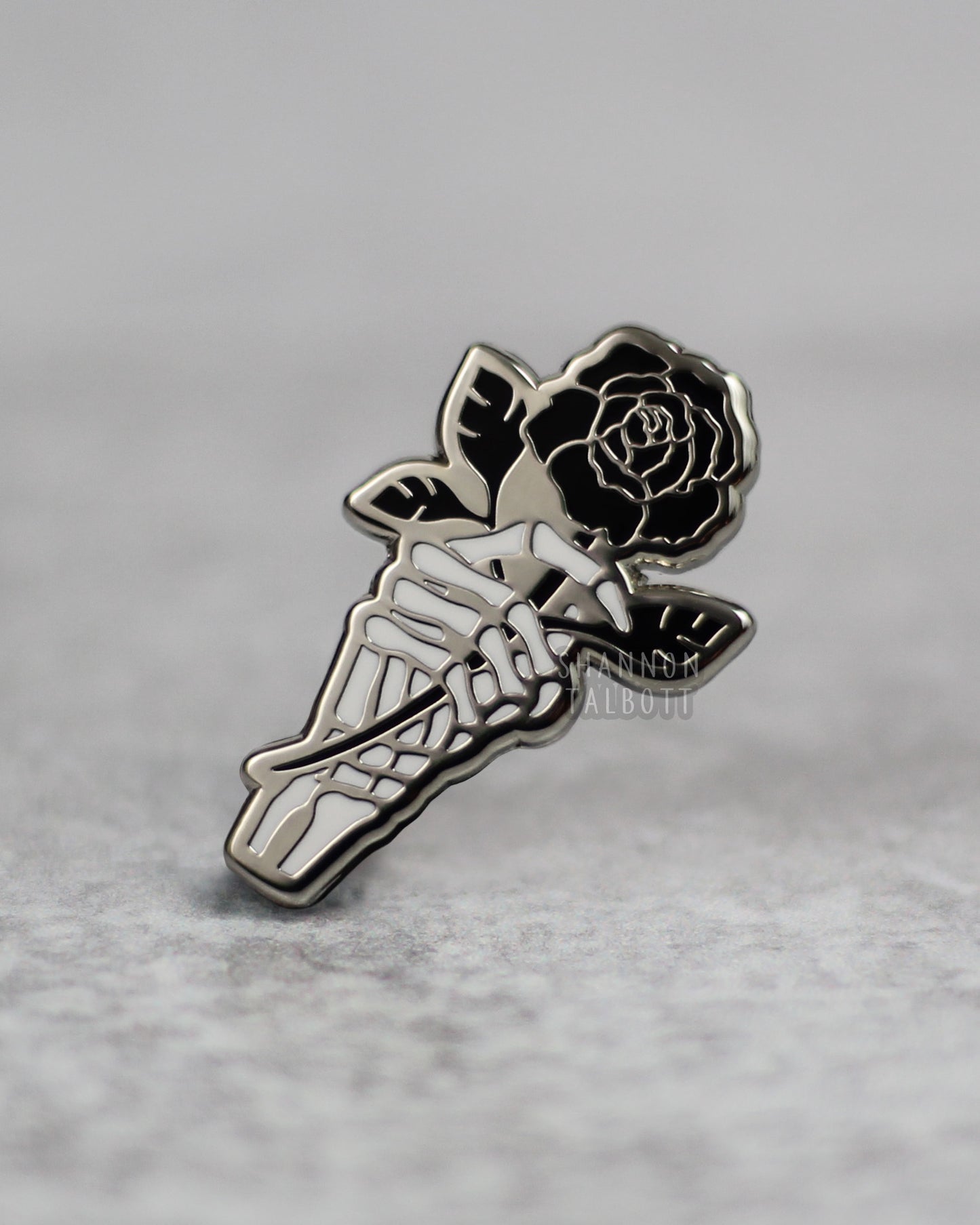 Skeleton Rose Enamel Pin - Silver