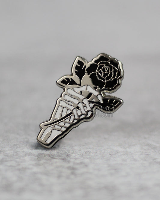 Skeleton Rose Enamel Pin - Silver
