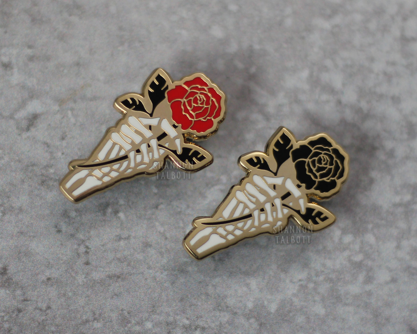 Skeleton Hand Holding Rose Enamel Pin in Gold