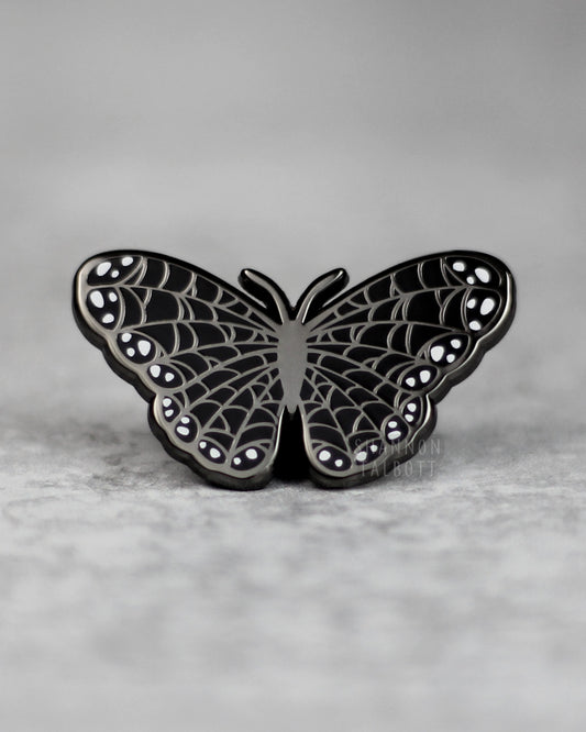 Spooky Spiderweb Butterfly Enamel Pin in Black Nickel