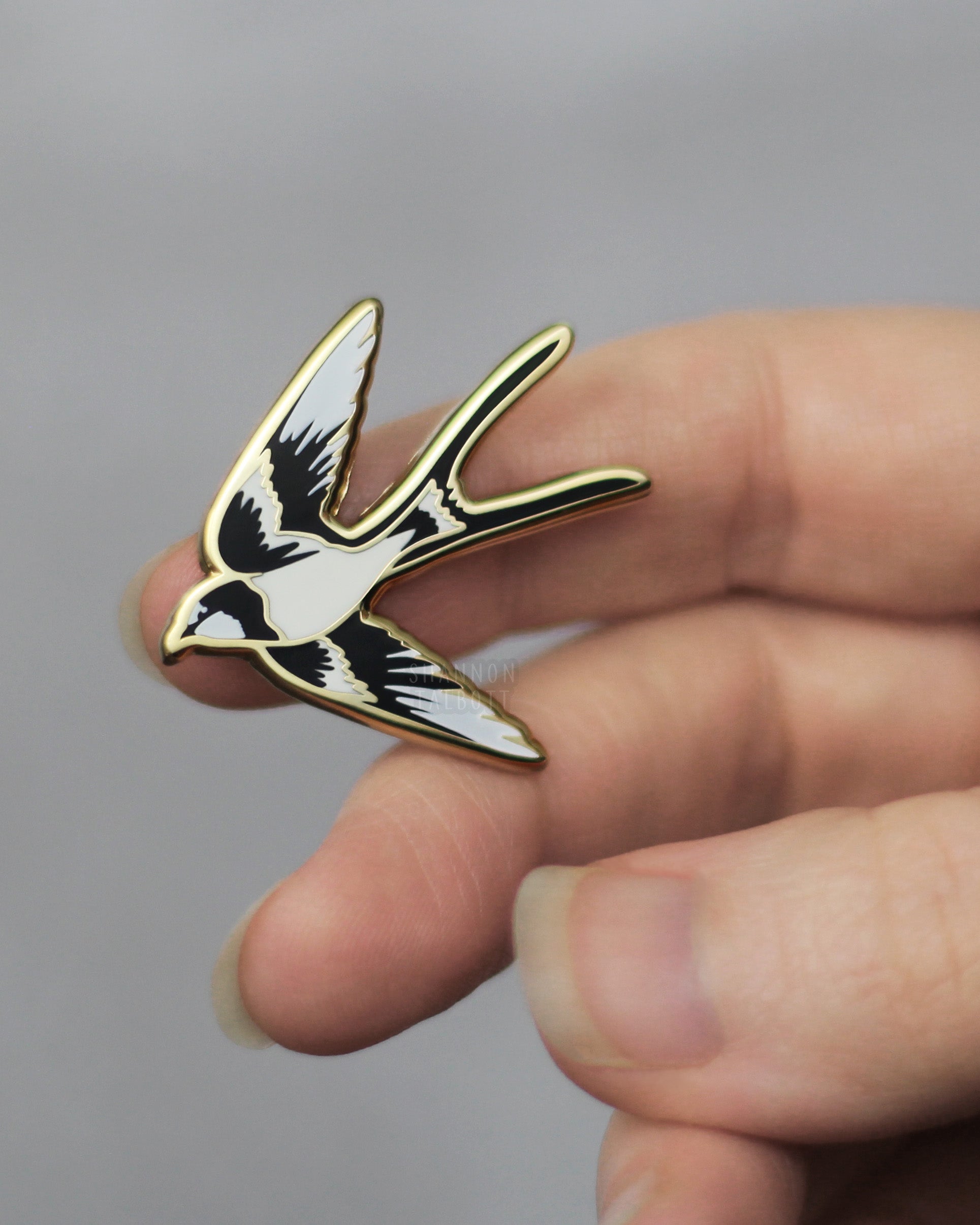 Black Swallow Bird Enamel Pin in Gold Plating