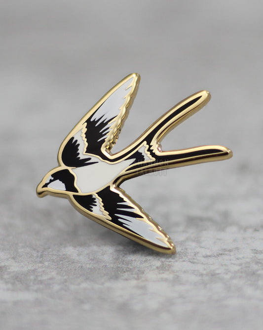 Black Swallow Bird Enamel Pin in Gold Plating