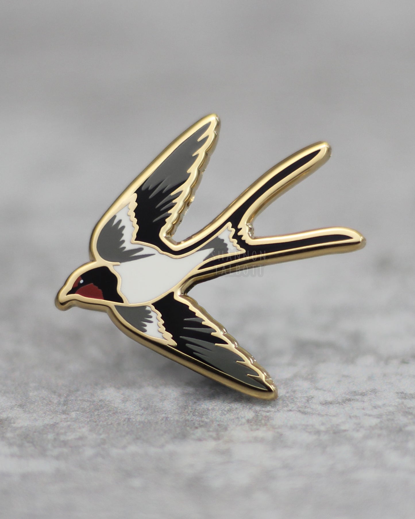 Red and Gray Swallow Bird Enamel Pin in Gold Plating