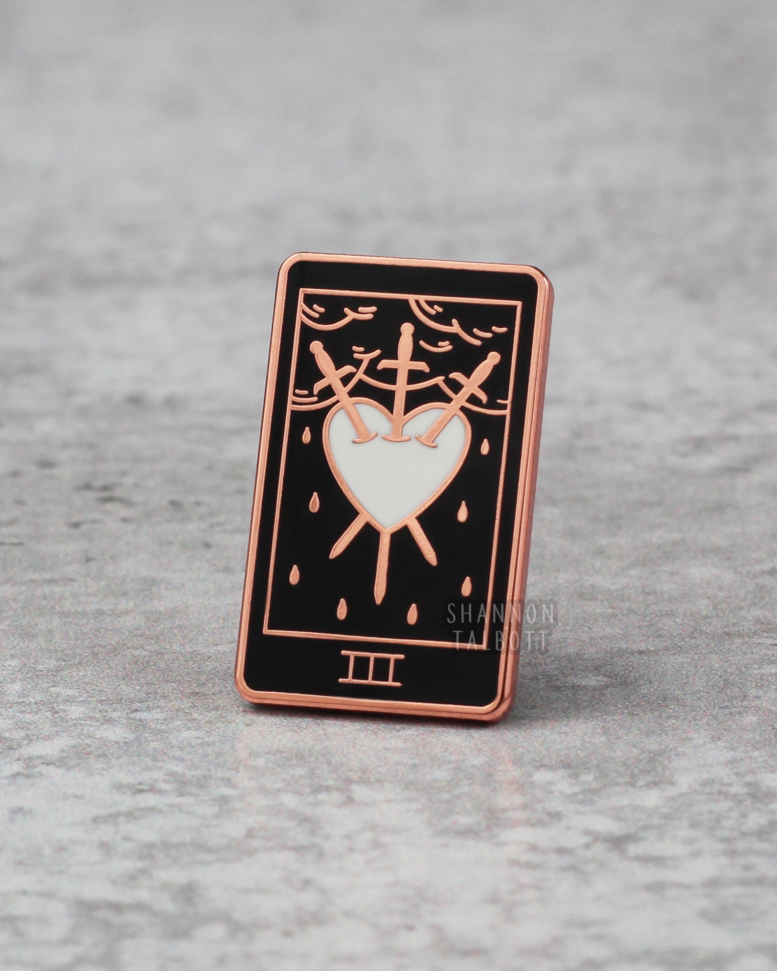 Three of Swords Heart Tarot Card Enamel Pin in Rose Gold