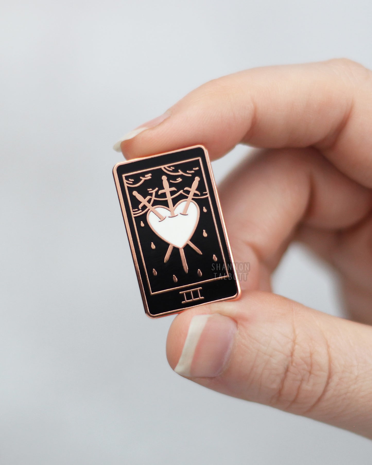 Three of Swords Heart Tarot Card Enamel Pin in Rose Gold