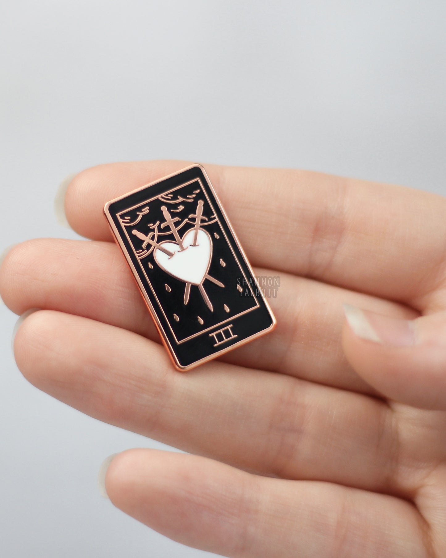 Three of Swords Heart Tarot Card Enamel Pin in Rose Gold