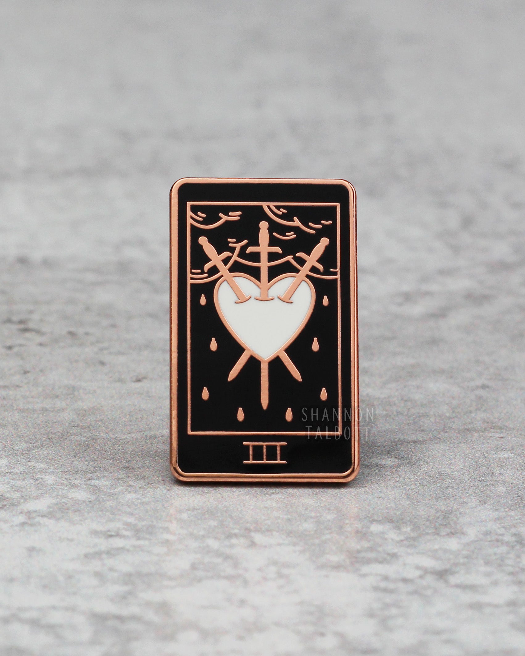 Three of Swords Heart Tarot Card Enamel Pin in Rose Gold