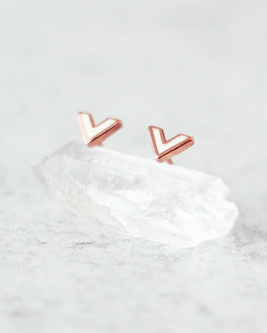 Tiny Modern V Chevron Enamel Earrings in White and Rose Gold