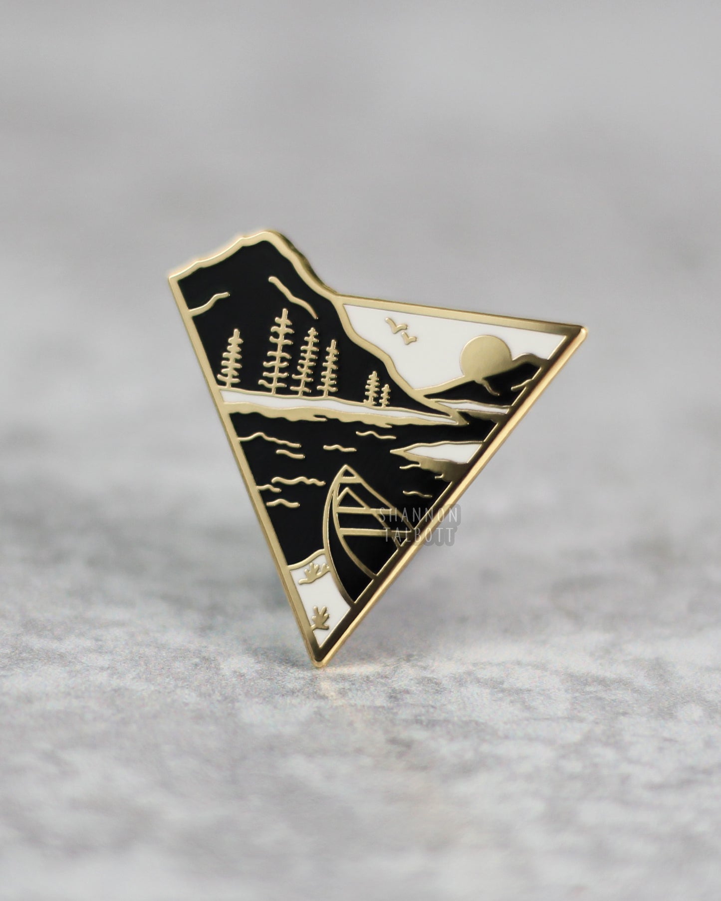 River and Mountain Nature Enamel Pin with Canoe and Trees in Gold