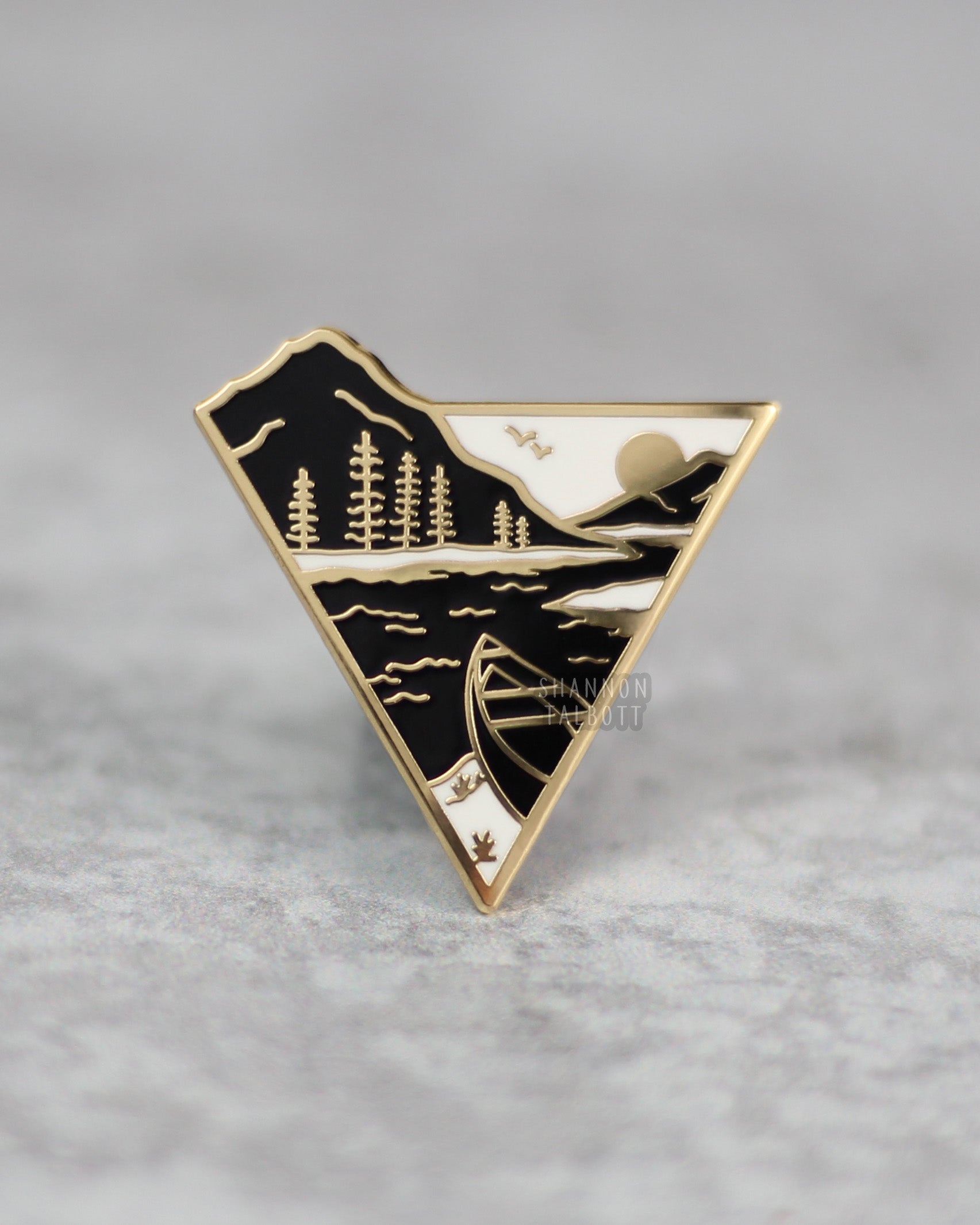 River and Mountain Nature Enamel Pin with Canoe and Trees in Gold