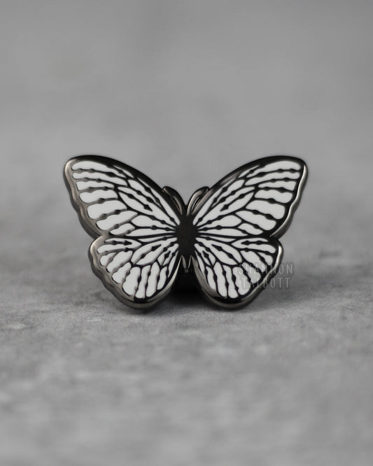 White Tree Nymph Butterfly Enamel Pin in Black Nickel